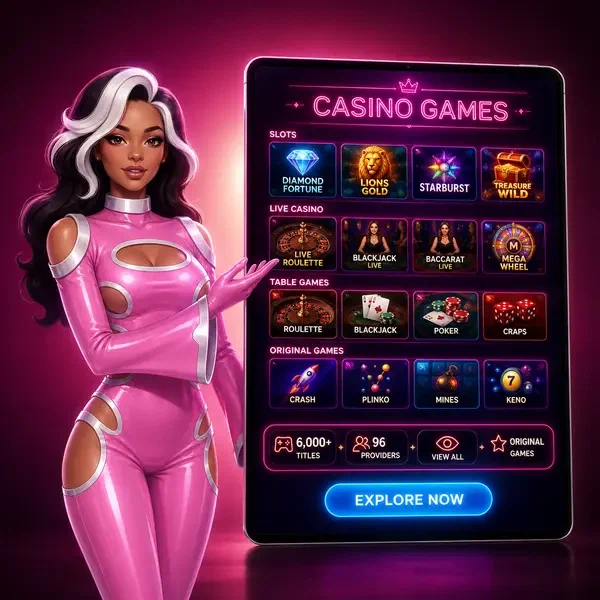 Anfitriona del ring presentando la colección de juegos de Spinwinera Casino en tablet con más de 6.000 juegos de tragaperras