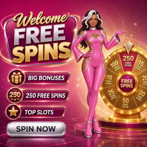 Anfitriona de ring presentando rueda de tiradas gratis en el casino Welcome Free Spins on Popular Slots