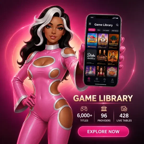 Ring Hostess presentando la aplicación móvil de Spinwinera mostrando más de 6.000 juegos en el lobby