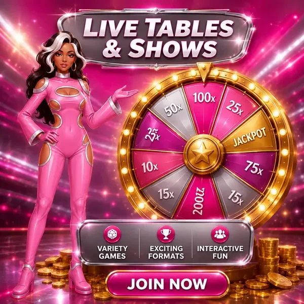Rueda de premios brillando mientras anfitriona de Ring Station invita a jugadores a juegos de live casino en Mesas en Vivo y Game Shows Disponibles Ahora